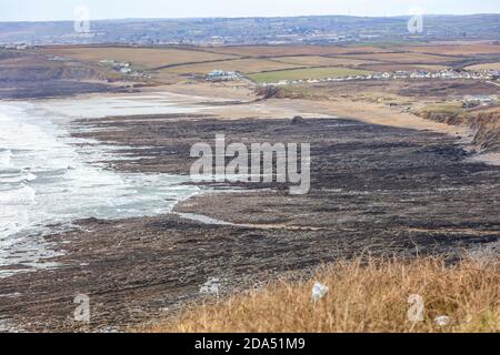 Millook Haven exhibits the best example of chevron faults in the British Isles. Stock Photo