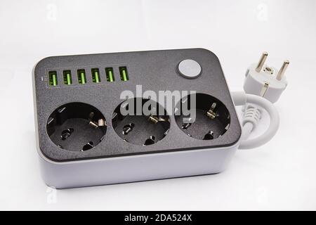 Socket with USB Port on white background for charging phones and electronic devices Stock Photo