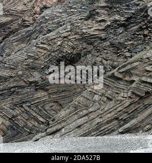 Millook Haven exhibits the best example of chevron faults in the British Isles. Stock Photo