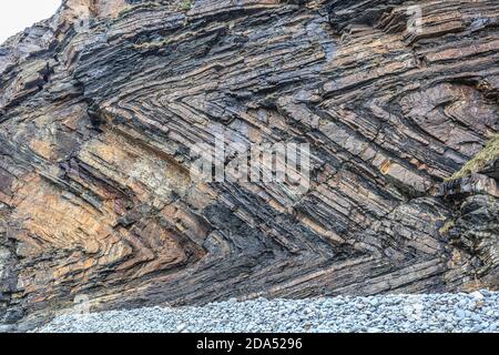 Millook Haven exhibits the best example of chevron faults in the British Isles. Stock Photo