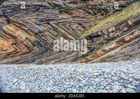 Millook Haven exhibits the best example of chevron faults in the British Isles. Stock Photo