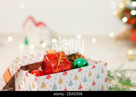 small red gift box in christmas decoration Stock Photo