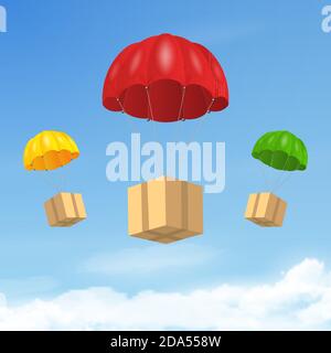 Vector 3d Realistic Red Flying Parachutes with Paper Cardboard Boxes on Blue Sky Background. Design Template for Delivery Services, Post, E-Commerce Stock Vector