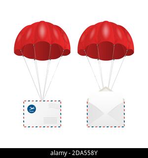 Vector 3d Realistic Flying Parachute with Paper Envelopes Isolated on White Background. Delivery and Post Concept. Design Template for E-Commerce, Web Stock Vector