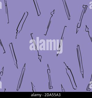 Writing tools on a lilac background. Seamless vector pattern Stock Vector