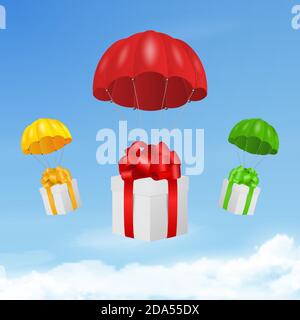 Vector 3d Realistic Red Flying Parachutes with Paper Gift Boxes on Blue Sky Background. Design Template for Delivery Services, Post, E-Commerce, Web Stock Vector