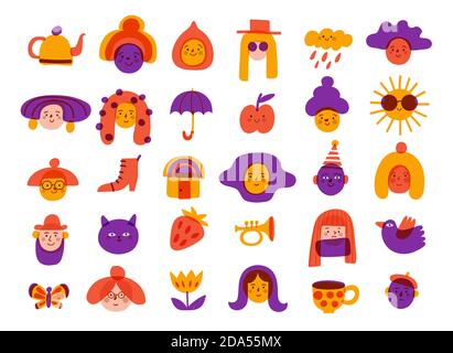 Logos and icons with people and objects in naive sketch style Stock Vector