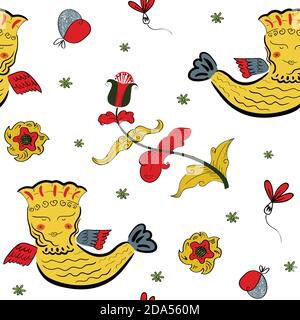 Vector seamless pattern with traditional folk bird with flower on white background Stock Vector