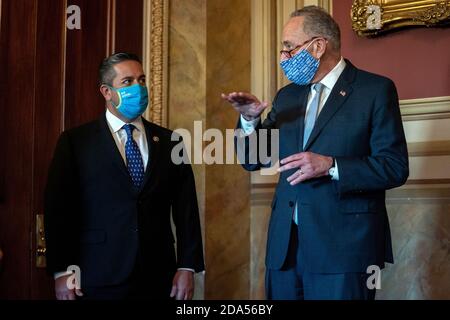 Sen. Ben Ray Lujan (D-N.M.) arrives for a Senate Democratic Caucus ...