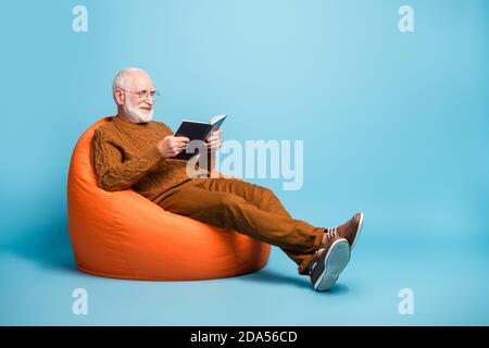 Portrait of his he nice attractive focused cheerful cheery wise smart clever bearded grey-haired man sitting in bag chair reading academic book Stock Photo