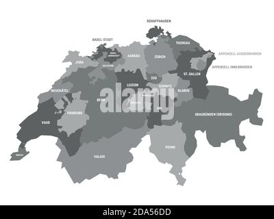 Grey political map of Switzerland. Administrative divisions - cantons. Simple flat vector map with labels. Stock Vector