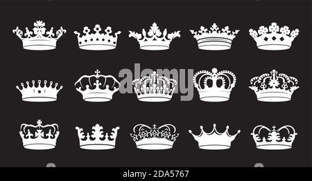 Set white crowns icon on black background. Vector Illustration. Emblem, icon and Royal symbol. Stock Vector