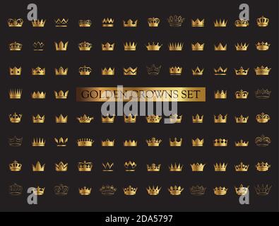 Set vector golden king crowns on white background. Vector Illustration. Emblem, icon and Royal symbols. Stock Vector