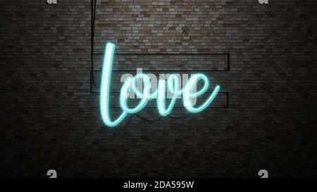 The message "love"  neon light on Brick wall bcakground Stock Photo
