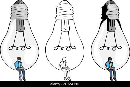 boy reading book on big light bulb vector illustration sketch doodle hand drawn with black lines isolated on white background Stock Vector