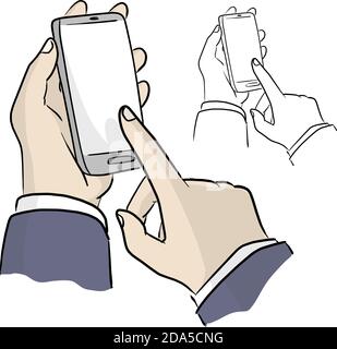 close-up businessman holding device and touching screen vector illustration sketch doodle hand drawn with black lines isolated on white background Stock Vector