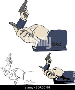 businessman using smartphone with hand gun out of the screen vector illustration sketch doodle hand drawn with black lines isolated on white backgroun Stock Vector