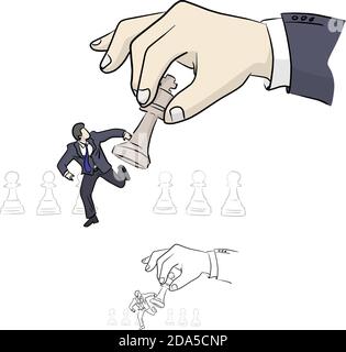 businessman running away from king chess vector illustration sketch doodle hand drawn with black lines isolated on white background. Business concept. Stock Vector