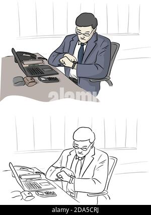 businessman checking and looking at wrist watch at office vector illustration sketch doodle hand drawn with black lines isolated on white background Stock Vector