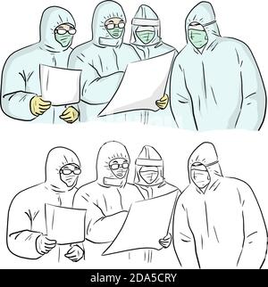 doctor in ppe suit holding corona or covid-19 virus laboratory report in hands vector illustration sketch doodle hand drawn with black lines isolated Stock Vector