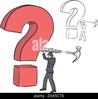 Businessman holding a big hammer to crash red question mark vector illustration sketch doodle hand drawn with black lines isolated on white background Stock Vector