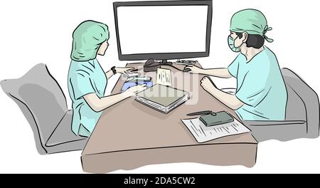 two doctors team working at computer desk in hospital in case of Covid-19 virus vector illustration sketch doodle hand drawn isolated on white backgro Stock Vector