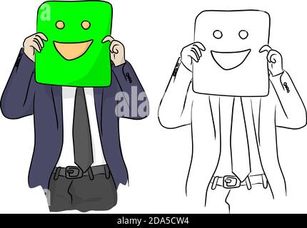 Businessman holds a green paper with a smile vector illustration sketch doodle hand drawn with black lines isolated on white background Stock Vector