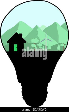 Landscape and wind turbine in a light bulb vector illustration sketch doodle hand drawn with black lines isolated on white background. Ecology concept Stock Vector