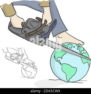 close-up cut the planet earth with chainsaw vector illustration sketch doodle hand drawn with black lines isolated on white background. Ecology concep Stock Vector