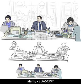 businesspeople working in office with interior background vector illustration sketch doodle hand drawn with black lines isolated on white background. Stock Vector