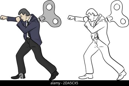 businessman fighting with windup on his back vector illustration sketch doodle hand drawn with black lines isolated on white background Stock Vector