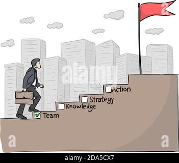 Businessman stepping up a staircase of success vector illustration sketch doodle hand drawn with black lines isolated on white background Stock Vector