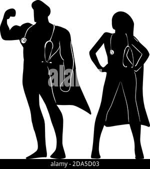 silhouette male and female superhero with stratoscope on their neck to fight against Covid-19 virus vector illustration sketch doodle hand drawn isola Stock Vector