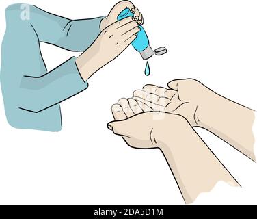 close-up daughter giving her mother alcohol sanitizer gel vector illustration sketch doodle hand drawn isolated on white background Stock Vector