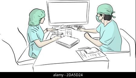two doctors team working at computer desk in hospital in case of Covid-19 virus vector illustration sketch doodle hand drawn isolated on white backgro Stock Vector
