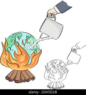 hand of businessman watering fire on earth vector illustration sketch doodle hand drawn with black lines isolated on white background. Ecology concept Stock Vector
