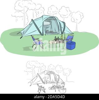 camp with chairs and table in forest vector illustration sketch doodle hand drawn with black lines isolated on white background Stock Vector