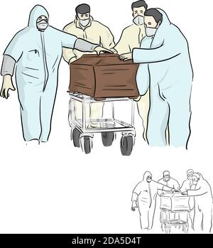 four people in PPE suit or Personal protective equipment carry the coffin handling for disposal vector illustration sketch doodle hand drawn isolated Stock Vector