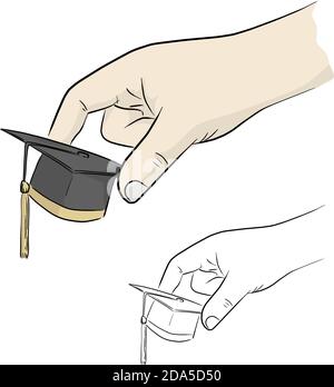 close-up ahdn holding small graduation cap vector illustration sketch doodle hand drawn with black lines isolated on white background Stock Vector