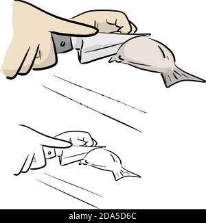 close-up hand with knife cutting fish vector illustration sketch doodle hand drawn with black lines isolated on white background Stock Vector