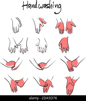 How to wash hands step by step instructions and guidelines with red area vector illustration sketch doodle hand drawn with black lines isolated on whi Stock Vector