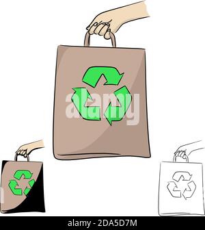 hand of woman holding shopping bag with green recycle sign vector illustration sketch doodle hand drawn with black lines isolated on white background Stock Vector