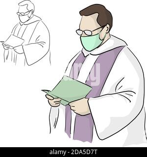 priest or pastor with surgical mask and glasses giving a funeral service in Covid-19 situation vector illustration sketch doodle hand drawn isolated o Stock Vector