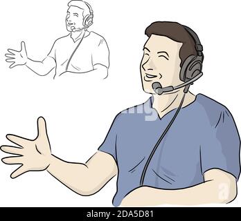 half length of smiling man with headphone showing welcome gesture vector illustration sketch doodle hand drawn isolated on white background Stock Vector