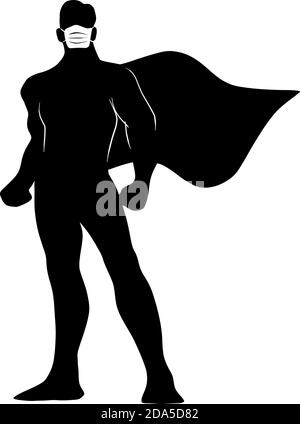 full length of silhouette male superhero with surgical mask vector illustration sketch doodle hand drawn isolated on white background Stock Vector