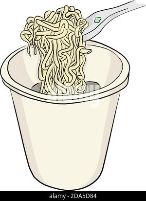 Instant noodle in bowl with plastic fork vector illustration sketch doodle hand drawn isolated on white background Stock Vector