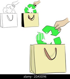 hand of woman puts recycle sign into shopping bag vector illustration sketch doodle hand drawn with black lines isolated on white background Stock Vector