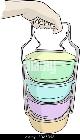 hand holding colorful tiffin carrier vector illustration sketch doodle hand drawn isolated on white background Stock Vector