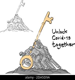 Unlock or reopen COVID-19 Coronavirus lockdown with medical mask vector illustration sketch doodle hand drawn with black lines isolated on white backg Stock Vector