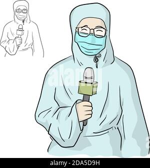 news reporter with ppe suit in live broadcasting vector illustration sketch doodle hand drawn isolated on white background Stock Vector